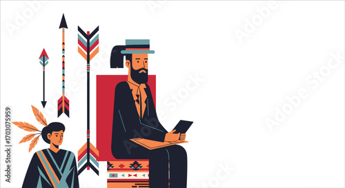 Illustration of a traditional gathering with modern elements showcasing cultural exchange and technology integration