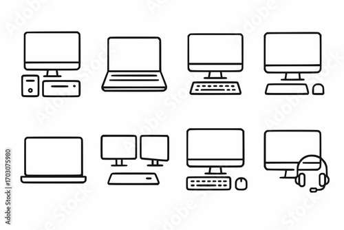 Minimalist line icons of office computers and laptops