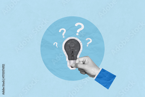 Idea, question, solution, creative and generating creative ideas. Creative art collage of human hand holding light bulb and question mark indicates question and answer