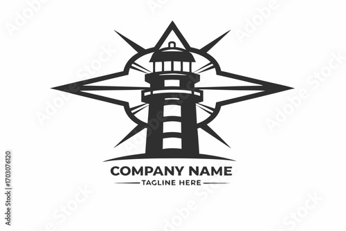 Nautical Lighthouse with Compass Symbol on White Background Design