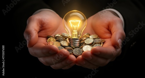 Wallpaper Mural Bright Idea Glowing Light Bulb in Hands Holding Coins Torontodigital.ca