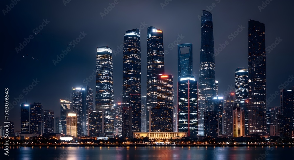 Fototapeta premium Guangzhou City Skyline at Night Skyscrapers and City Lights Reflected