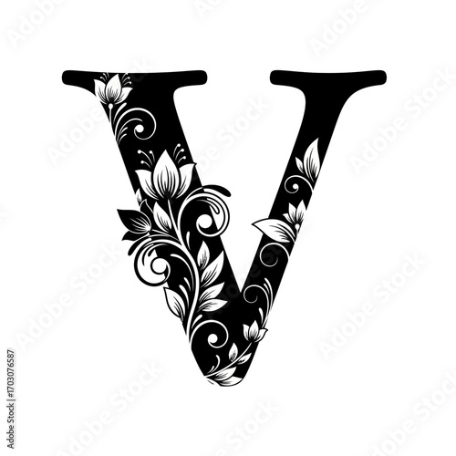 Elegant black letter v with white floral ornate design