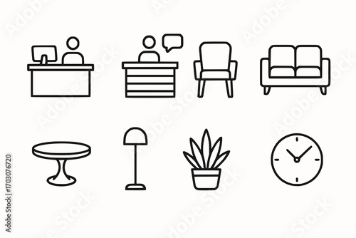 Minimalist line icons of office reception and common areas