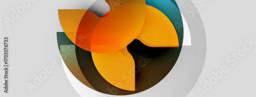 Abstract geometric composition. Overlapping shapes create dynamic visual interest. Warm colors contrast cool tones. Minimalist design.