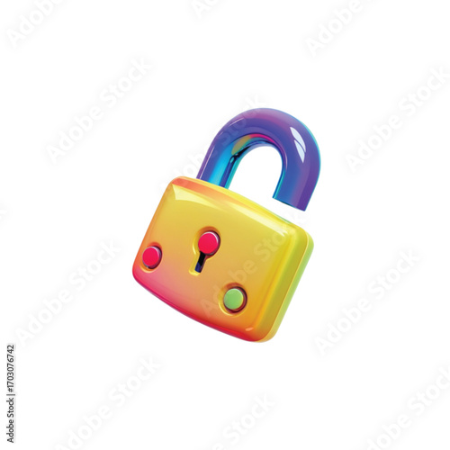 Rainbow gradient unlocked padlock 3D render.