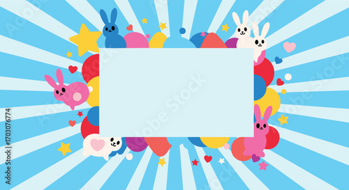 Cute easter bunnies and colorful balloons adorning a bright celebration background with a blank space for text