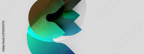 Abstract fluid shapes blend, creating dynamic composition. Teal, brown, green hues dominate neutral background. Smooth gradients suggest movement.