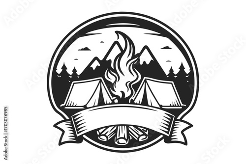 Outdoor Camping with Tents, Fire, Trees and Mountain in Black and White