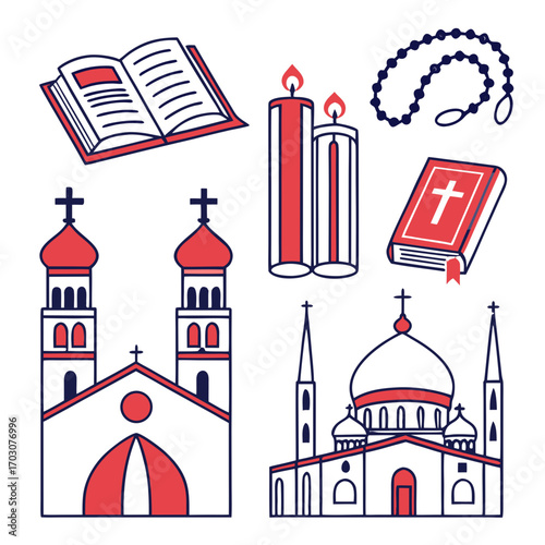 Religious symbols with church and bible