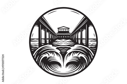 Pier Structure with Sea Waves in Oval Border Design