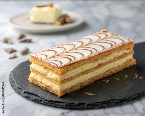 Delicious millefeuille pastry with cream filling and decorative icing served on a dark slate plate
