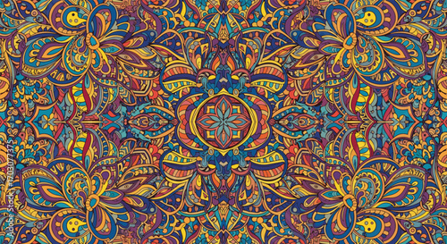 Intricate psychedelic mandala pattern design inspired by traditional oriental rug motifs