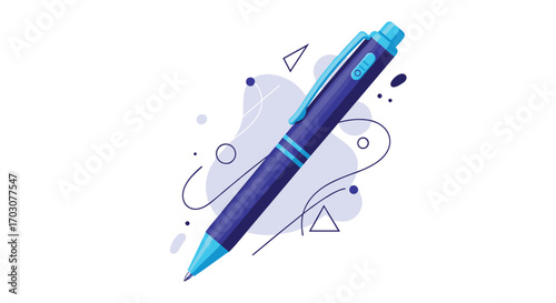 An artistic illustration of a blue pen with abstract shapes and splatters in a dynamic composition