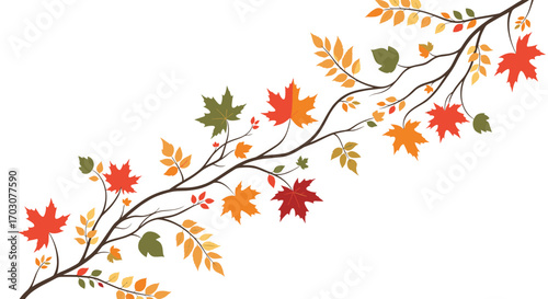 Beautiful autumn branch with colorful falling leaves displaying seasonal change and nature's vibrant palette