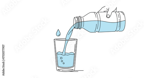 Pouring fresh water from a plastic bottle into a transparent glass to quench thirst and refresh the body