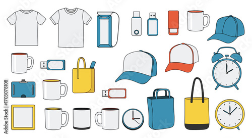 Collection of promotional merchandise items for business branding and marketing campaigns