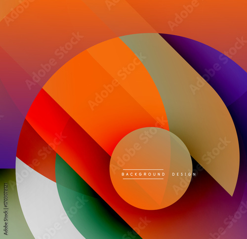 Abstract vibrant design features overlapping circular shapes. Warm, cool colors blend creating dynamic visual effect. Modern composition.