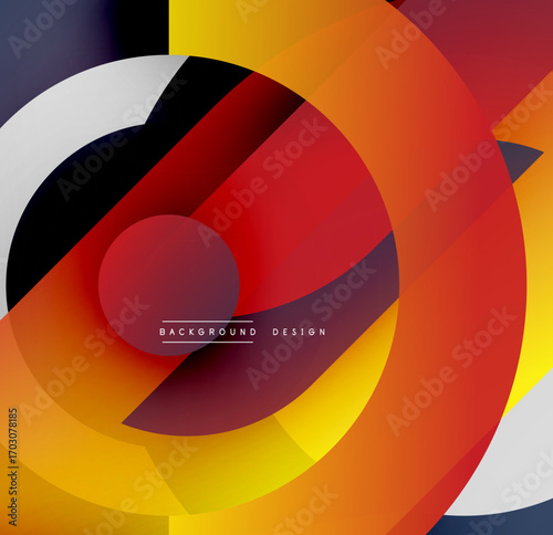 Abstract circles overlap, creating vibrant gradients. Warm colors dominate composition, with black accents. Modern design element.