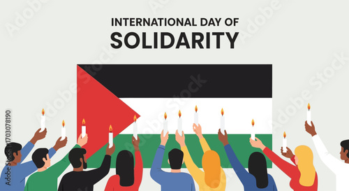 flat vector poster of people lighting candles of peace and justice, arranged to form the Palestinian flag, International Day of Solidarity