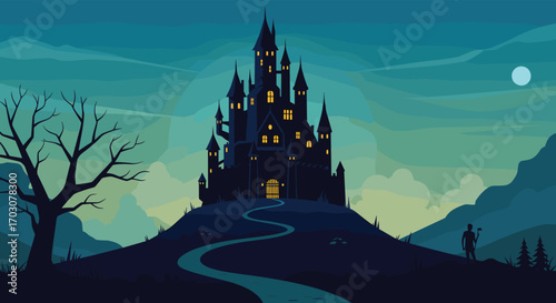 Enigmatic gothic fortress under a celestial moonlit sky with a lone wanderer