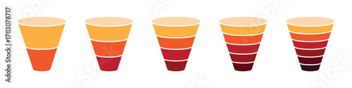 Business funnel infographic chart for marketing strategy, sales process and workflow. 2, 3, 4, 5, and 6 parts