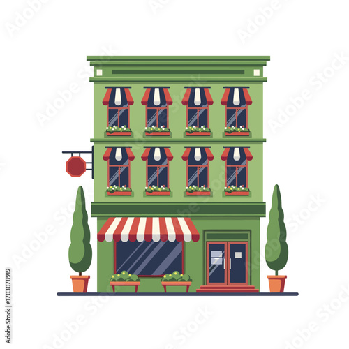 Green Building with Storefront and Trees.