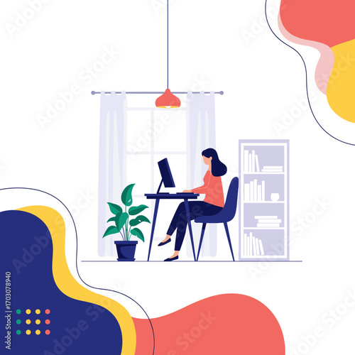 Woman working on laptop at home office desk with plant and bookshelf.