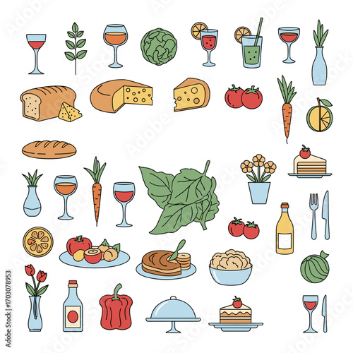 A collection of fresh food and drinks presented in a colorful illustration.