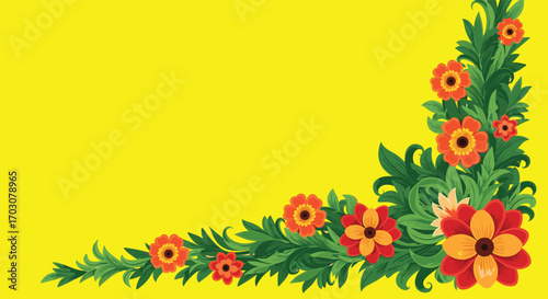 Vibrant orange and red flowers adorned with lush green leaves on a bright yellow background