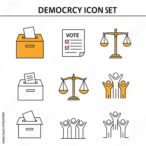 Democracy Icon Set with Voting Justice and People Symbols.