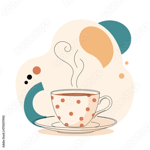 A steaming cup of coffee with abstract shapes in the background.