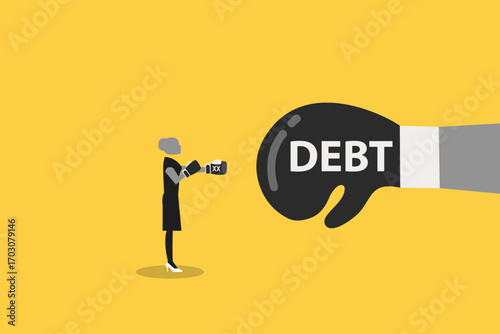 Business woman wearing boxing gloves fighting with creditor or loaner huge red boxing glove with text Debt. concept of Debt management, fight with debt for financial freedom