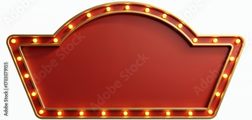 Retro sign frame with illuminated marquee bulbs. Red digital display panel with gold trim. Vintage cinema, casino, nightclub, circus border. Versatile for advertisement, promotion, party, event