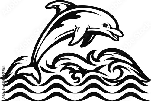 Stylized Dolphin Leaping Over Ocean Waves in Intricate Black and White Design