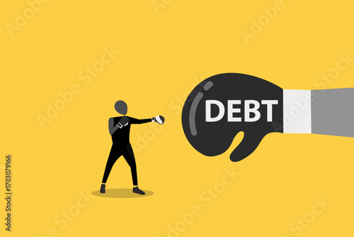 Businessman wearing boxing gloves fighting with creditor or loaner huge red boxing glove with text Debt. concept of Debt management, fight with debt for financial freedom