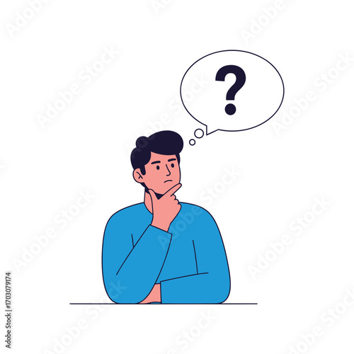 Man thinking with question mark in speech bubble illustration.