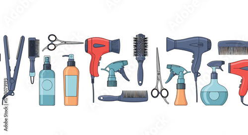 Collection of professional hairdressing tools and accessories for styling and grooming