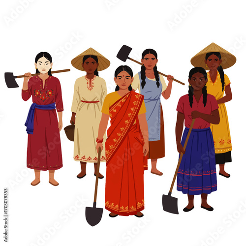 Diverse Group of Women Agricultural Workers with Tools.
