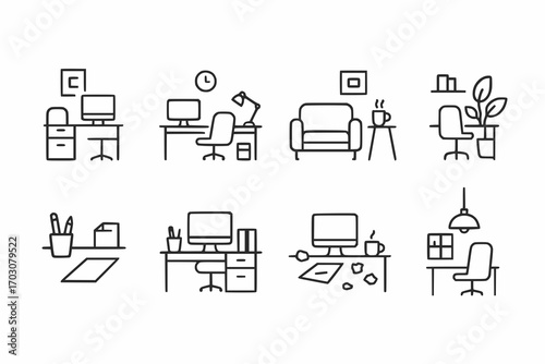 Minimalist line icons of office spaces and organization