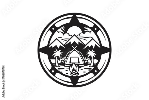 Tent Mountains and Palm Trees in a Circle Black and White on White