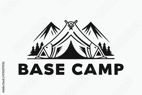 Tent, Trees & Mountain Peaks Base Camp Typography on White Background
