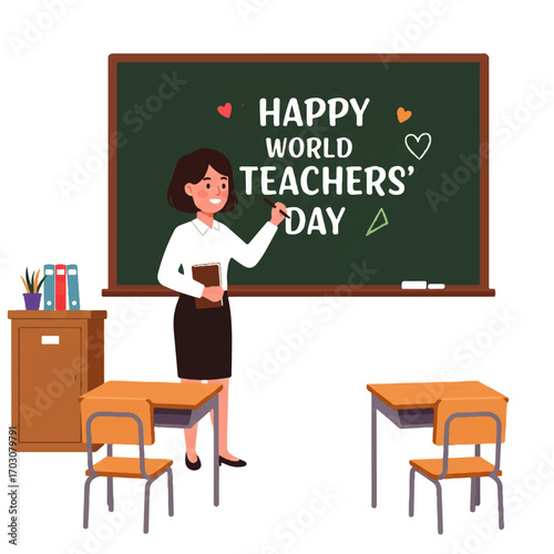 Happy World Teachers Day Female Teacher in Classroom.