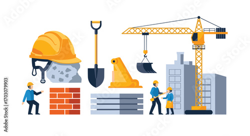 Construction site elements and workers illustrating project development and building progress