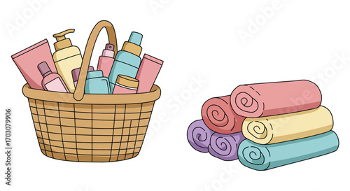basket filled with toiletries next to neatly stacked towels