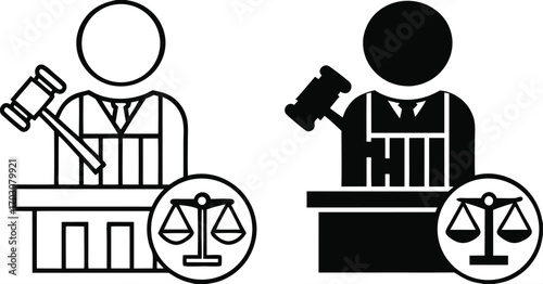 Judge Icons. Black and White Vector Illustrations. Judge, Gavel, and Scales. Official Who Considers and Resolves Civil, Criminal, and Administrative Cases. Justice Concept


