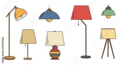 various lamps and lighting fixtures displayed in a row