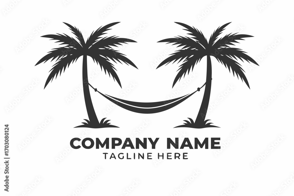Obraz premium Twin Palms with Hammock Silhouette Logo Design on a White Background,