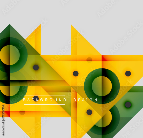 Abstract geometric design. Yellow, green gradients create dynamic composition. Circles, triangles overlap forming modern backdrop.
