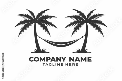 Twin Palms with Hammock Silhouette Logo Design on a White Background,